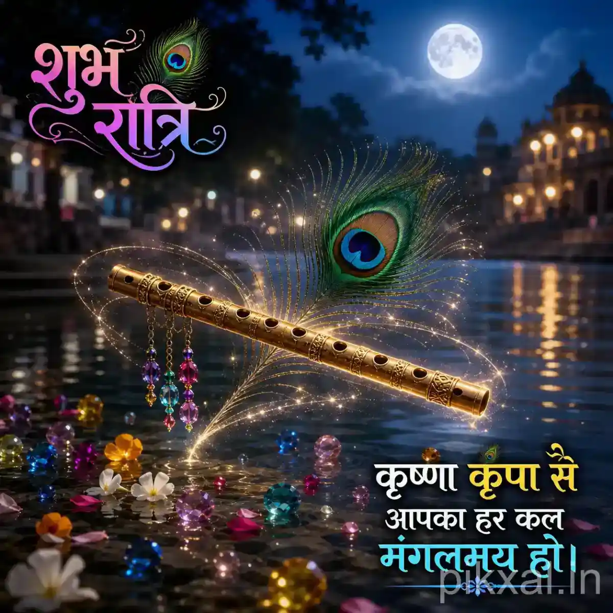 Golden Krishna flute with a peacock feather surrounded by colorful flowers and sparkling spiritual light