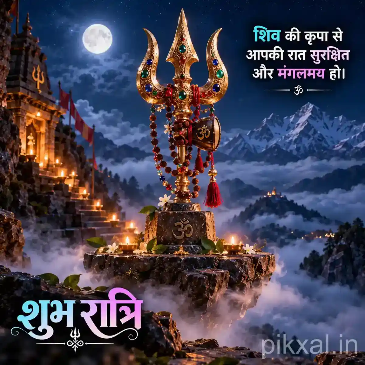 Sacred golden trishul decorated with red cloth and prayer elements against a moonlit mountain temple