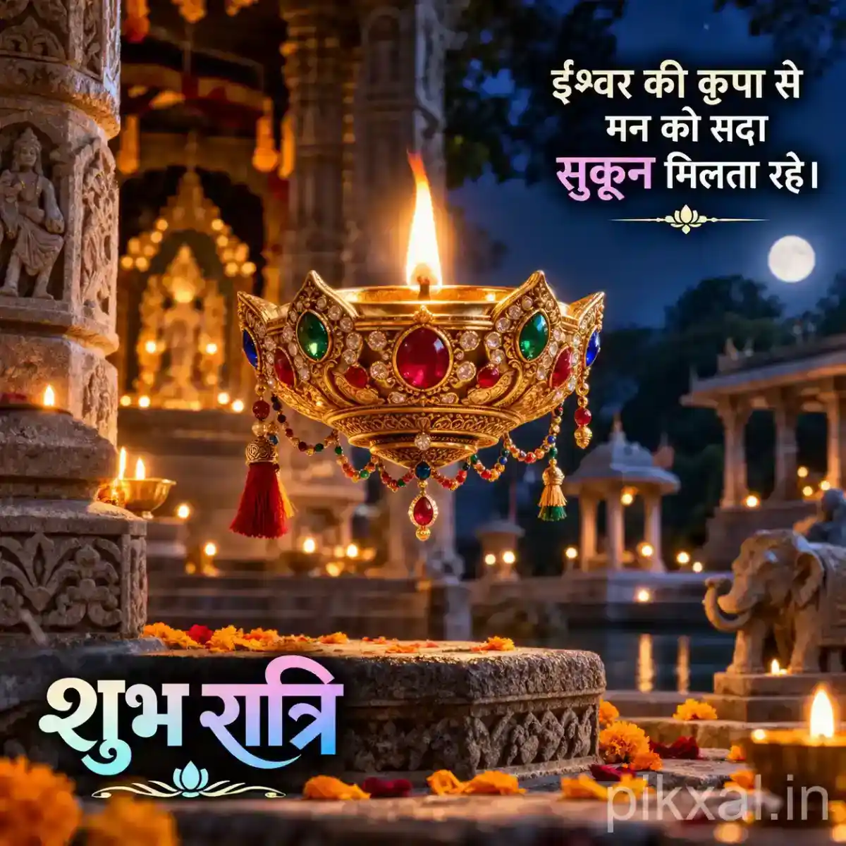 Decorative brass diya with colorful hanging ornaments, marigold flowers and illuminated temple surroundings