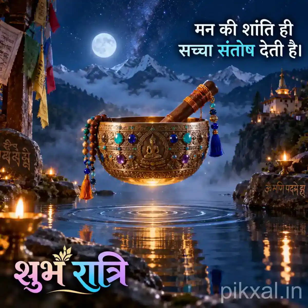 Ornate brass singing bowl with wooden mallet floating above calm water beside a moonlit temple