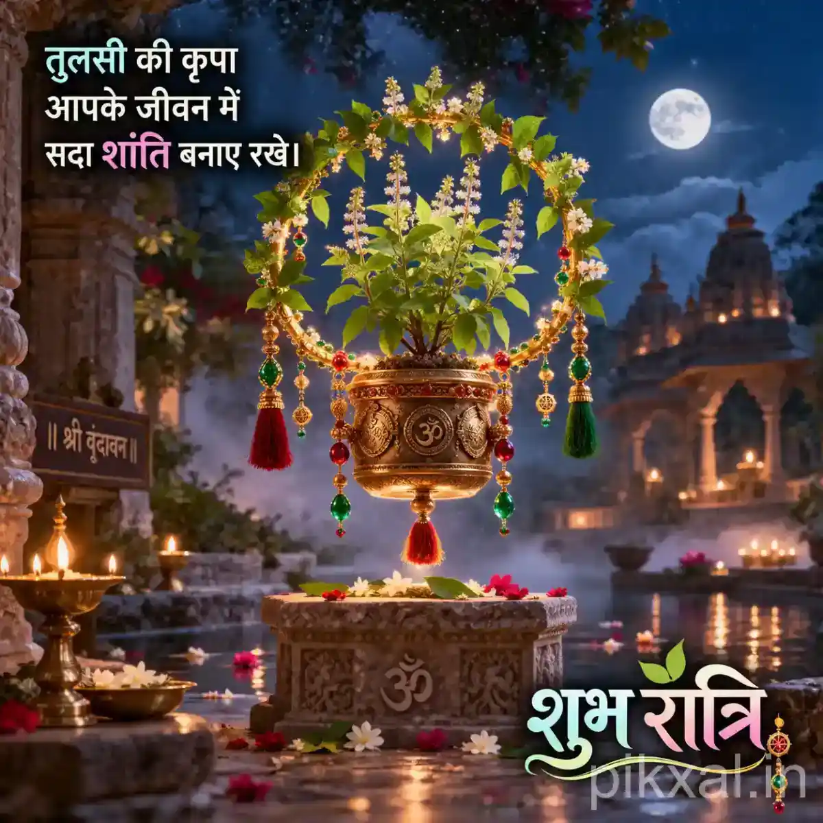 Sacred Tulsi plant in a decorated hanging pot surrounded by flowers and a peaceful moonlit temple courtyard