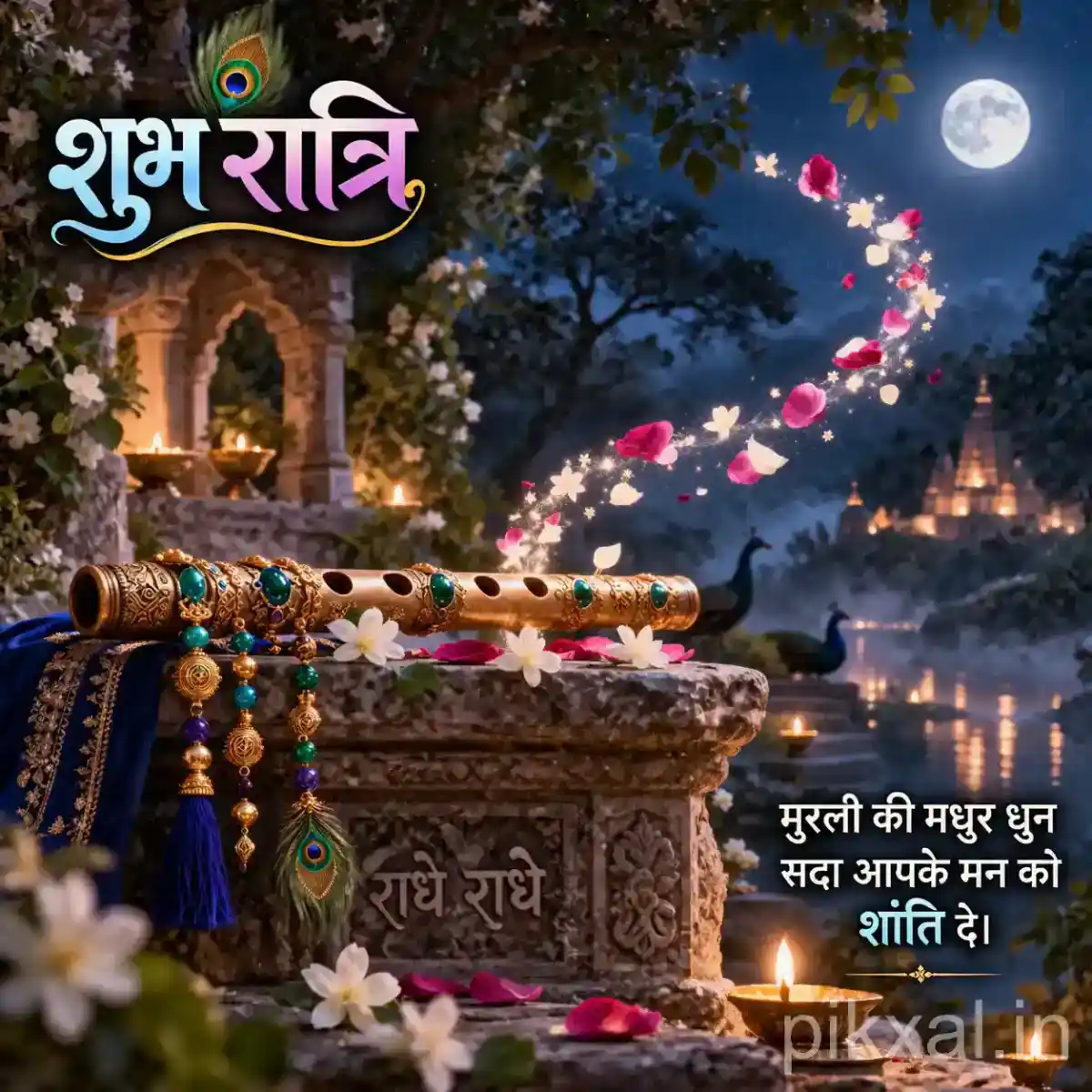 Traditional flute covered with white flowers and colorful beads in a beautifully lit temple garden