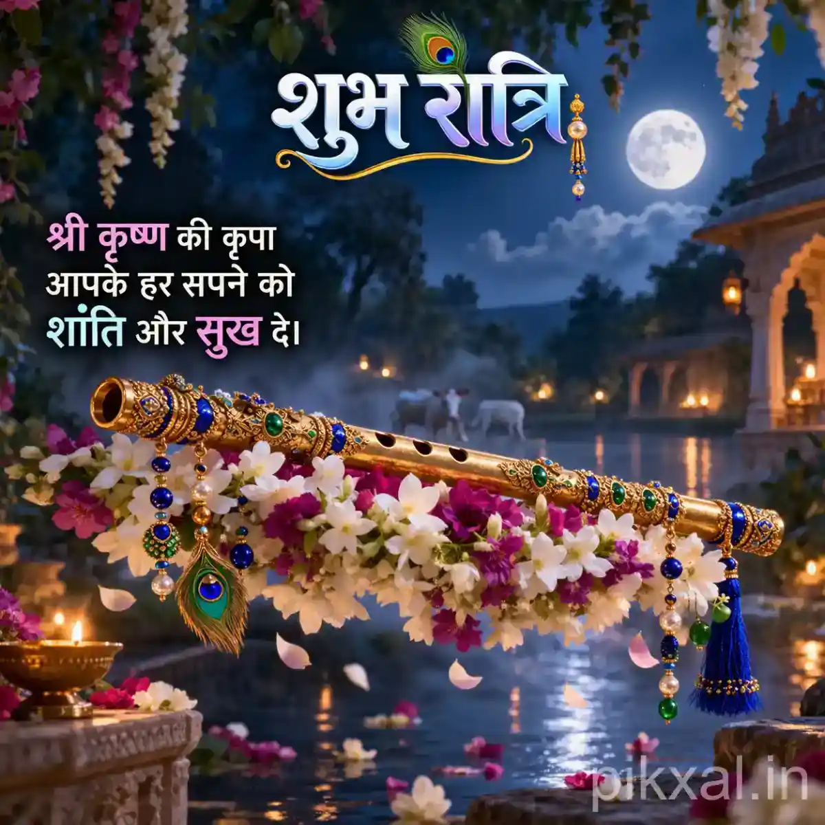 Decorative Krishna flute adorned with vibrant flowers and peacock feathers beside a glowing temple courtyard