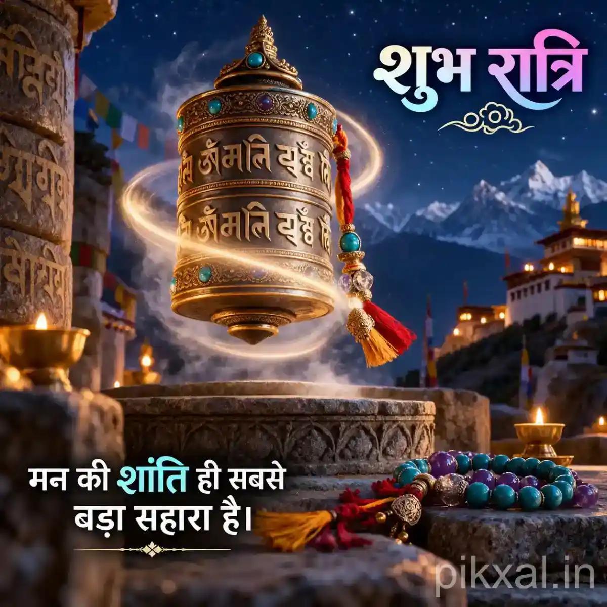 Large ornate temple bell surrounded by glowing spiritual light, flowers and colorful prayer beads