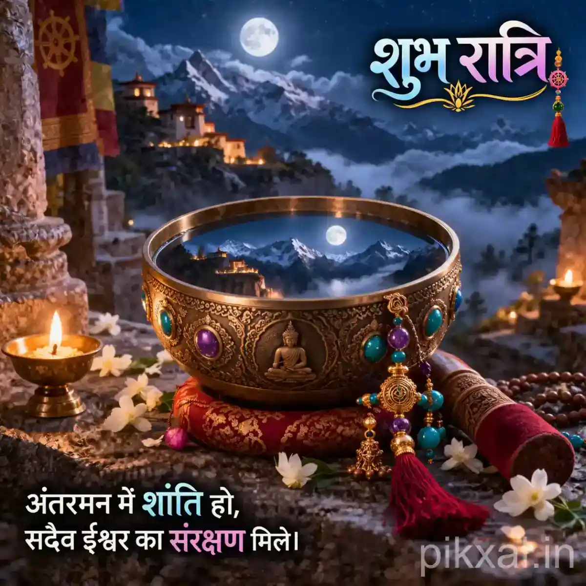 Decorative brass bowl with wooden mallet resting beside flowers and prayer beads under a full moon