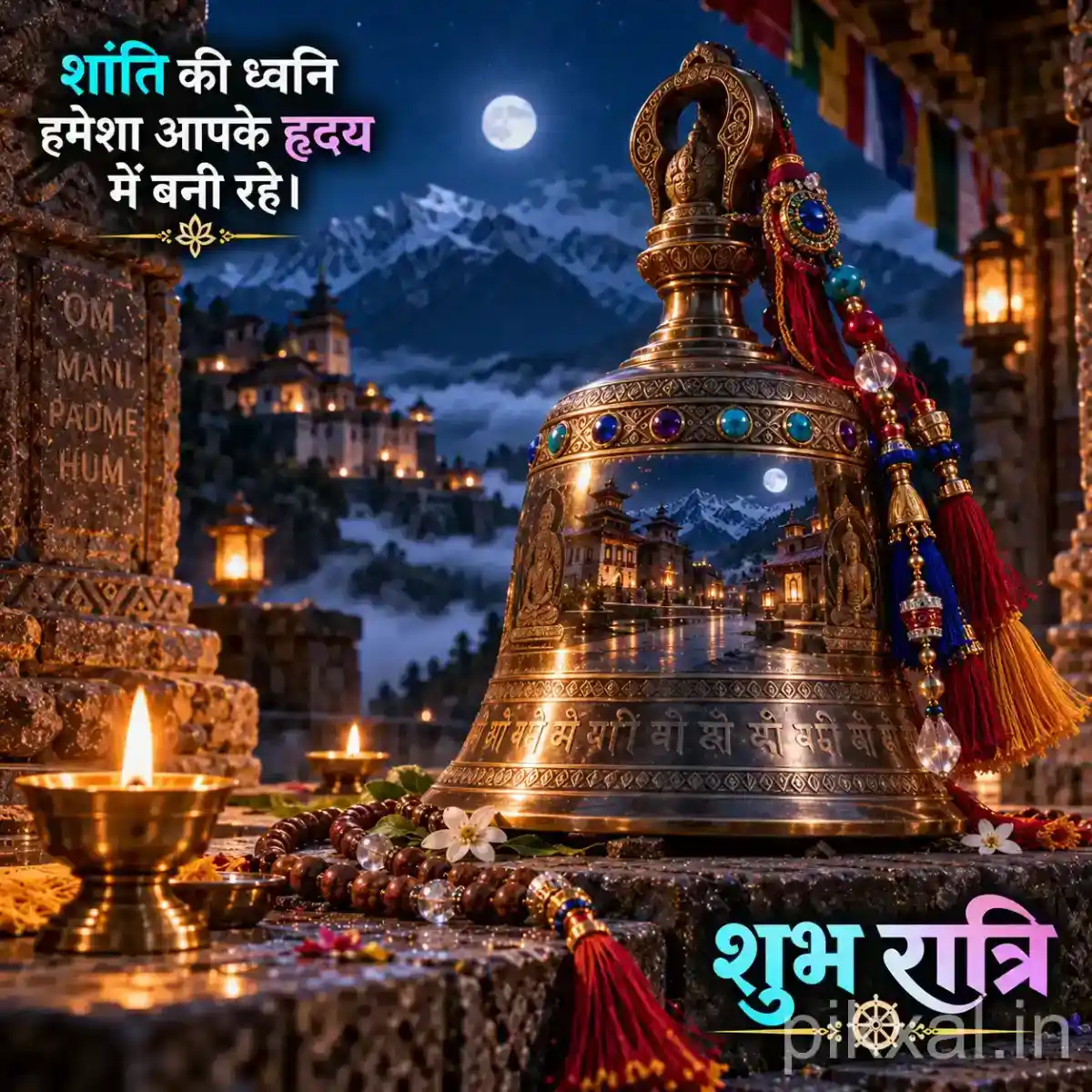 Large ornate brass temple bell decorated with colorful prayer beads and a red cloth, surrounded by glowing diyas against a Himalayan night landscape