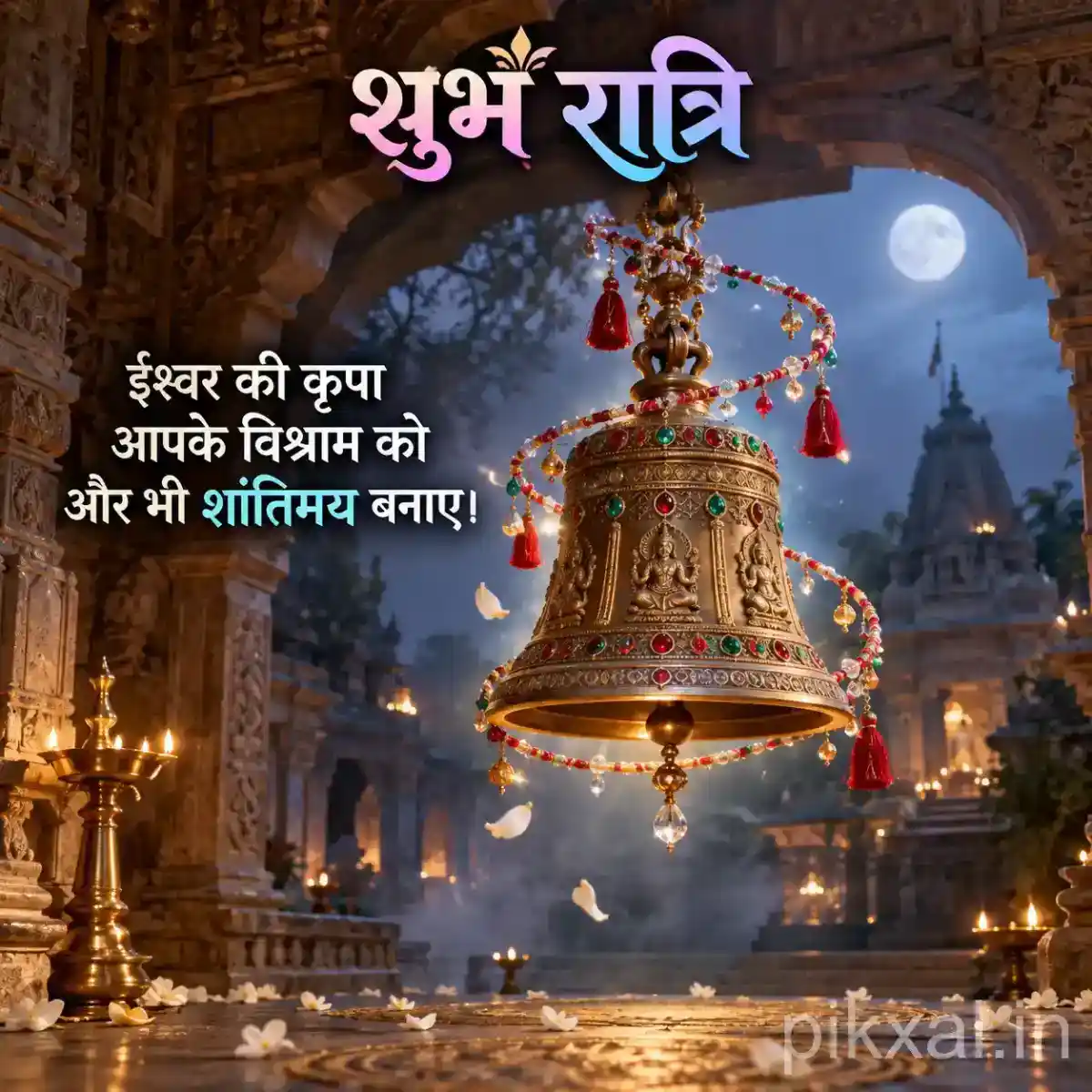 Ornate golden temple bell suspended above shimmering water with glowing spiritual light and mountain scenery