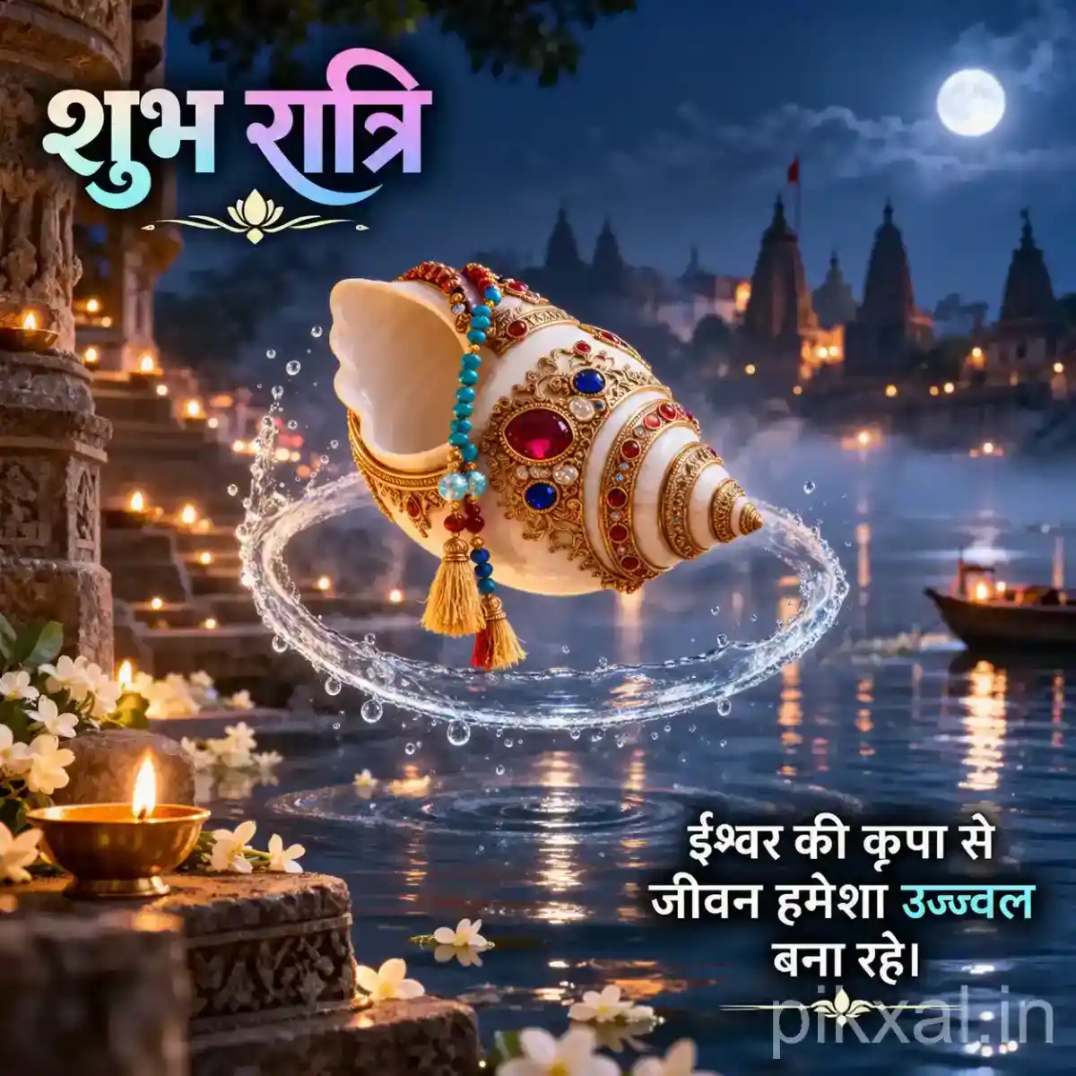 White decorated conch shell floating above sparkling water beside a moonlit temple and oil lamps