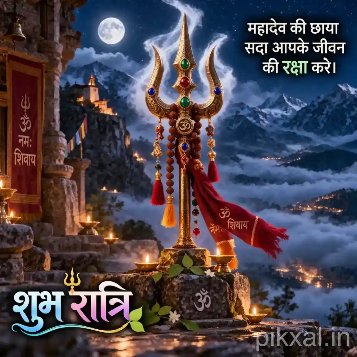Sacred trishul decorated with red cloth standing on a temple platform against a serene Himalayan night