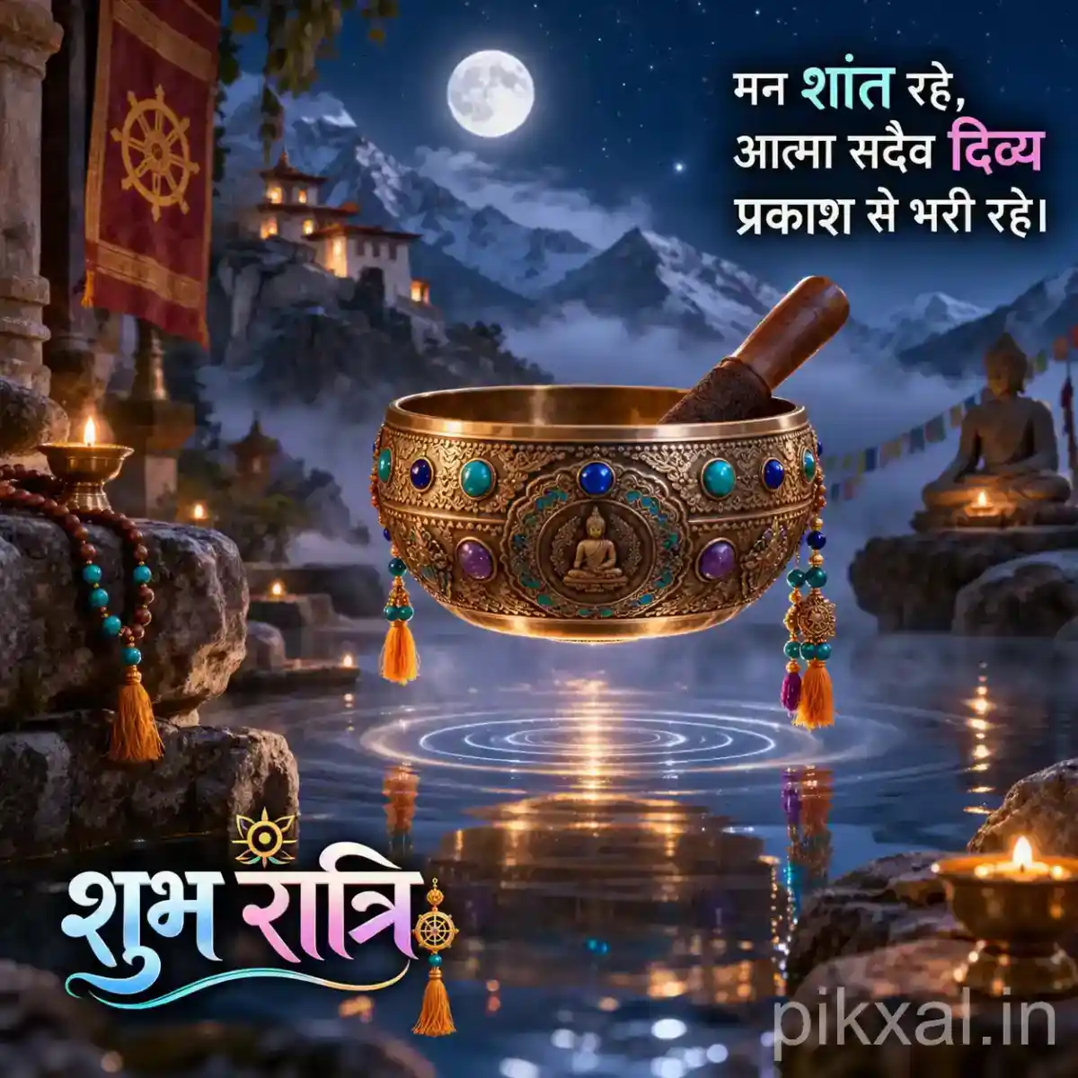 Ornate brass singing bowl floating above calm water with flowers and illuminated temple architecture