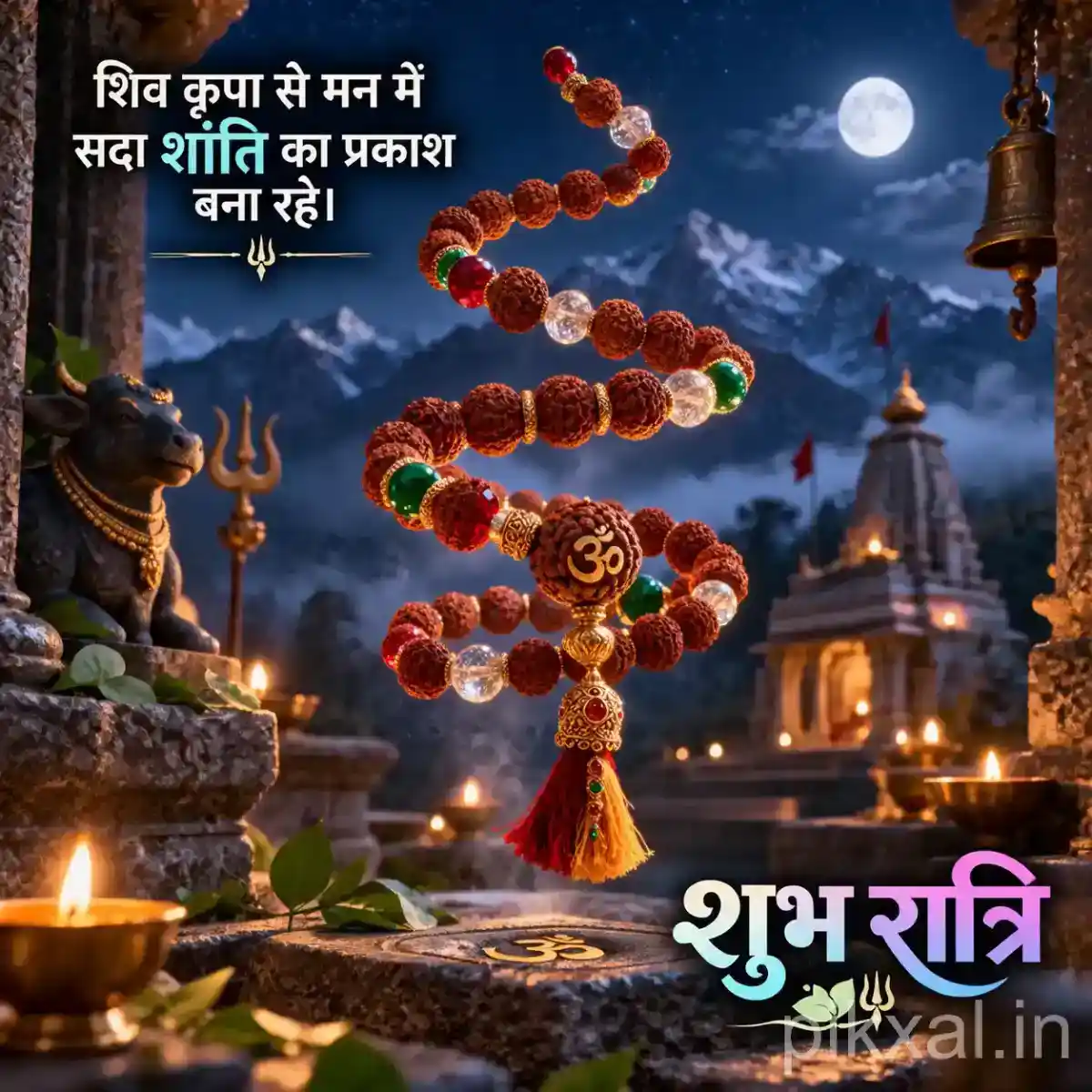 Rudraksha prayer beads arranged in a graceful spiral around a sacred trishul shrine with glowing lamps
