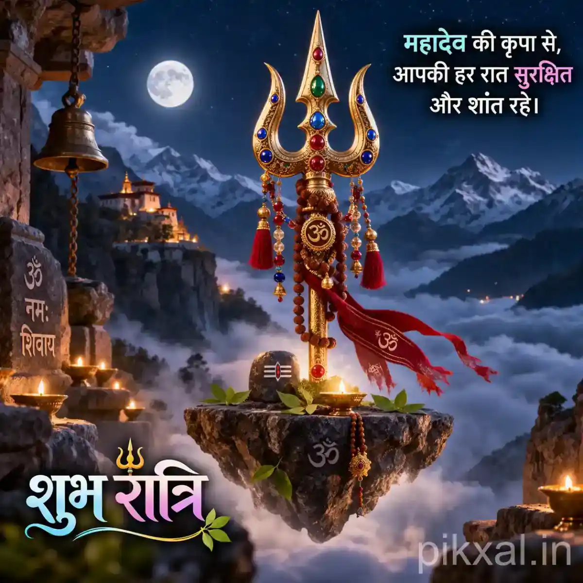 Golden trishul decorated with red cloth and sacred ornaments overlooking misty mountains and temple lights