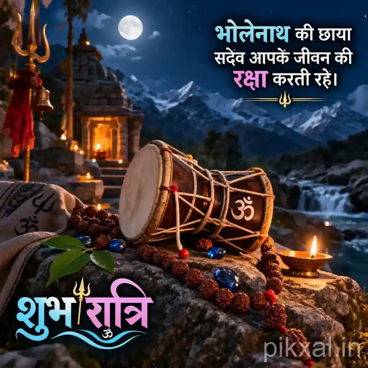 Traditional damru decorated with rudraksha beads resting on a stone shrine with glowing oil lamps