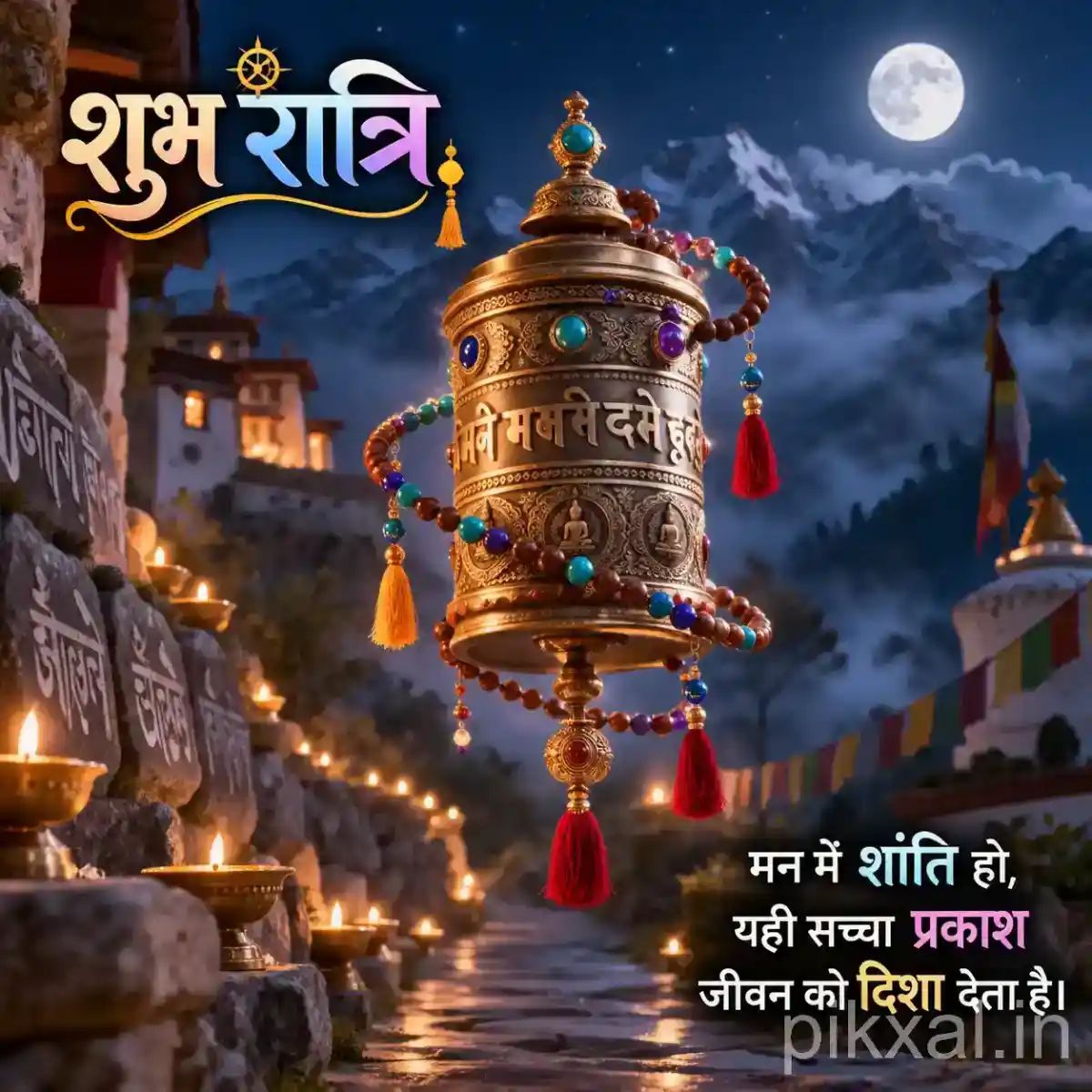 Ornate hanging temple bell with red tassels and decorative beads overlooking a moonlit Himalayan temple
