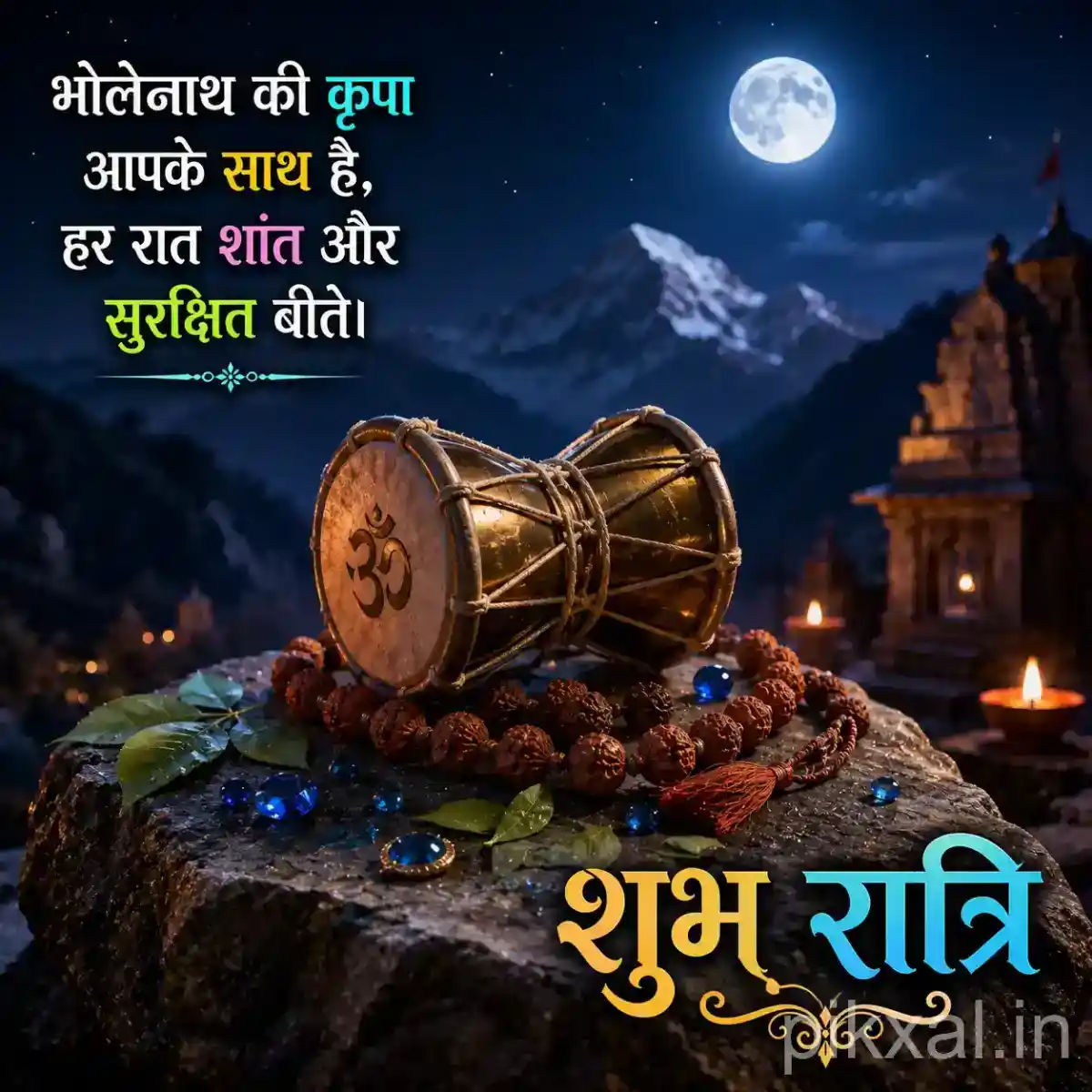 Traditional damru surrounded by rudraksha beads, flowers and warm oil lamps against a mountain night