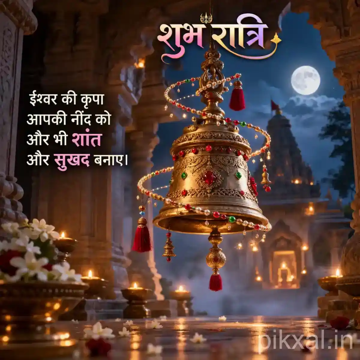 Golden temple bell decorated with red tassels and colorful beads beside a peaceful illuminated shrine
