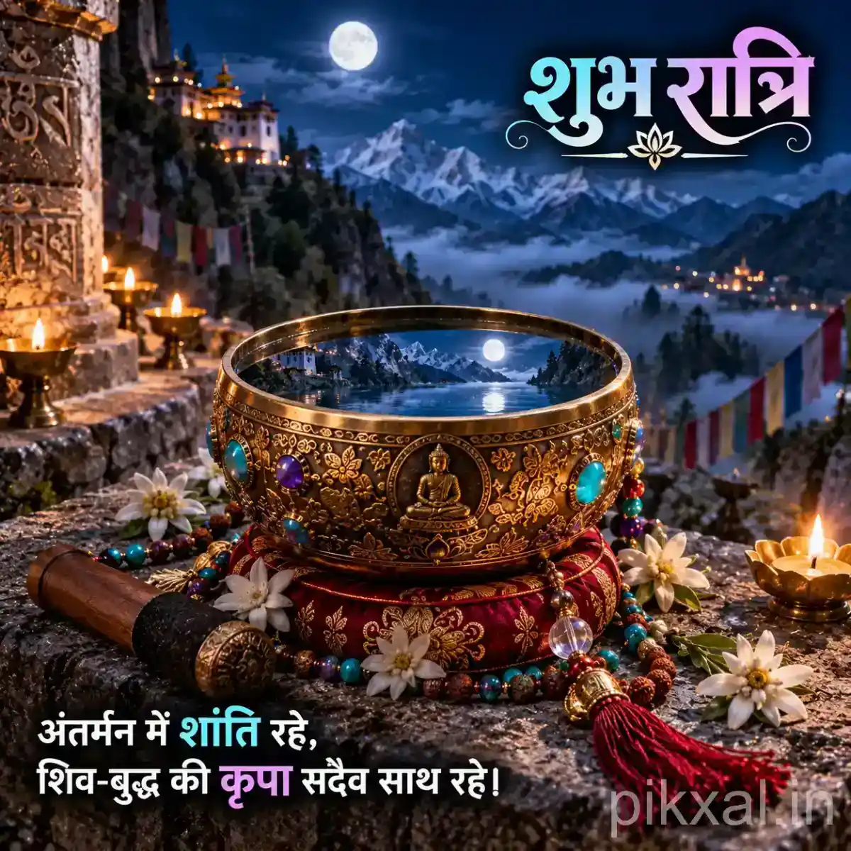 Decorative brass devotional bowl filled with water and flowers, surrounded by prayer beads and glowing diyas beneath a moonlit mountain sky