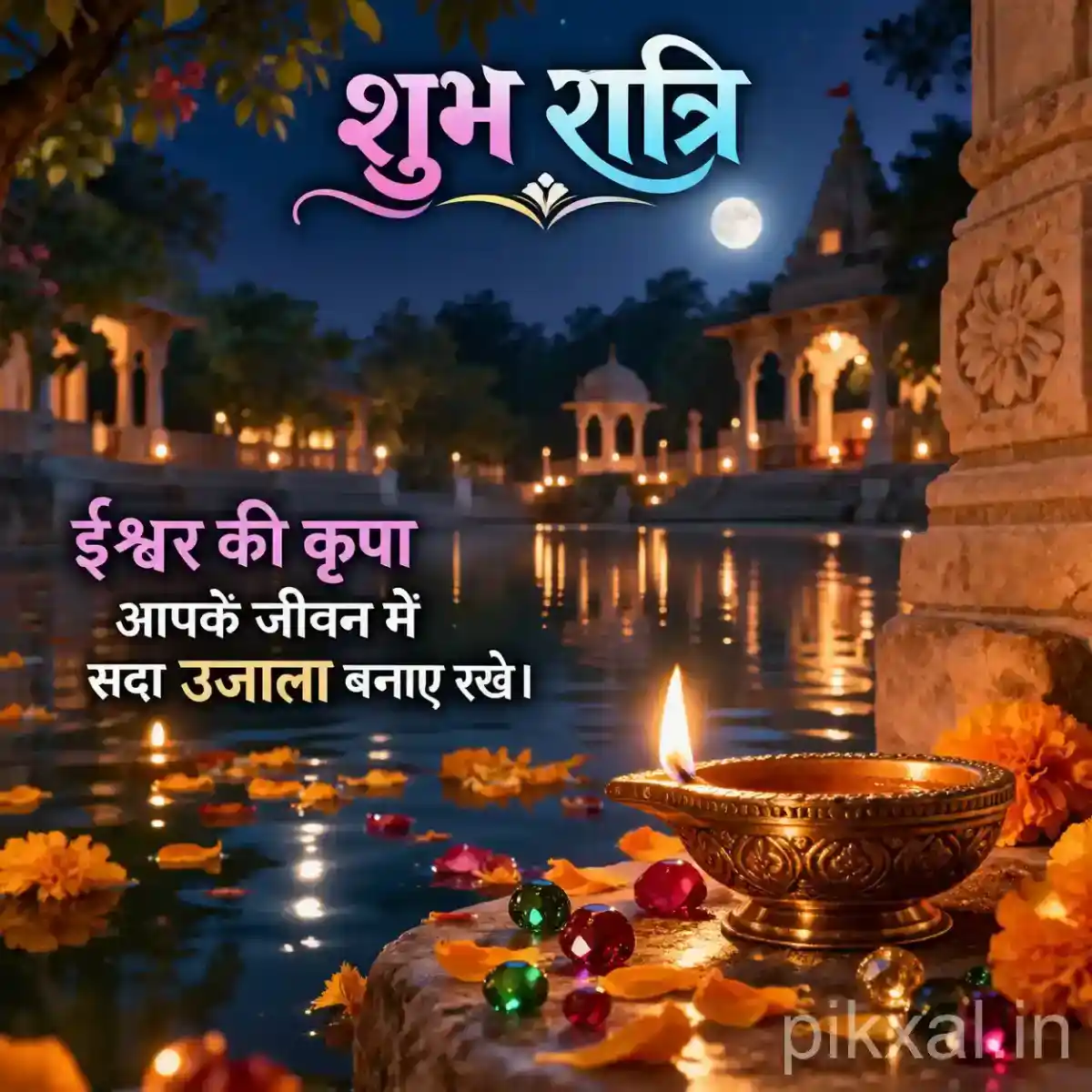 Brass oil lamp surrounded by flowers beside a tranquil temple lake under the moonlit night sky