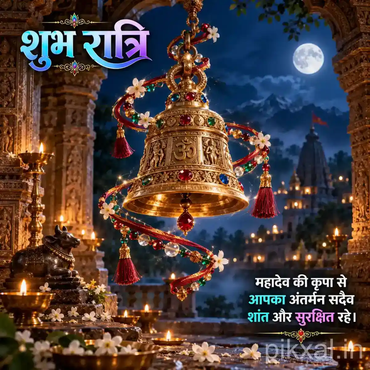 Large decorated brass temple bell wrapped with colorful prayer ribbons, glowing diyas, and a peaceful Himalayan temple setting
