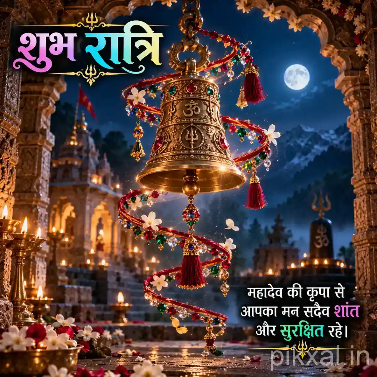 Ornate brass temple bell decorated with colorful ribbons and hanging ornaments, surrounded by glowing lamps beneath a moonlit mountain sky