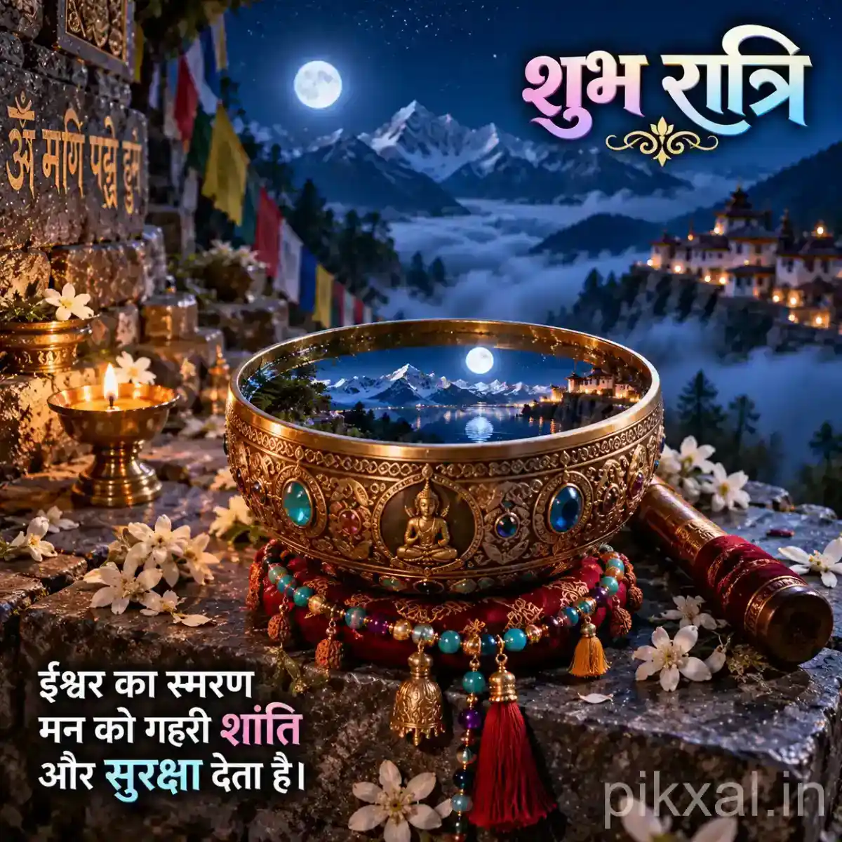 Decorative devotional bowl surrounded by colorful prayer beads, flowers, and glowing diyas with a peaceful Himalayan mountain landscape