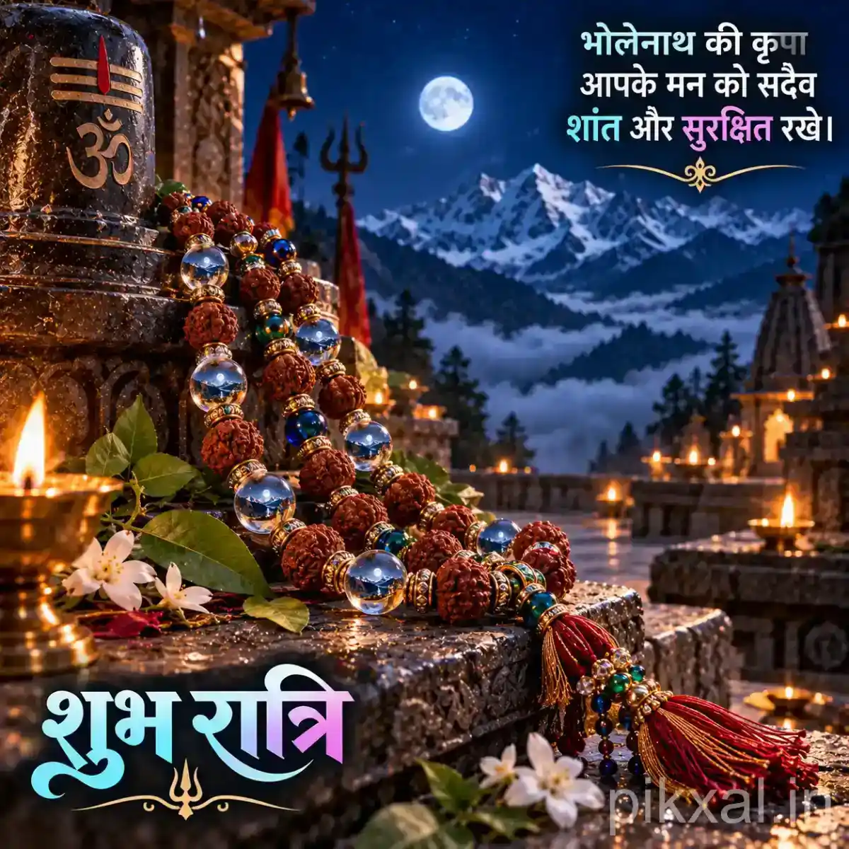 Shiva devotional pillar decorated with Rudraksha beads, colorful prayer beads, sacred leaves, and a glowing diya overlooking the mountains