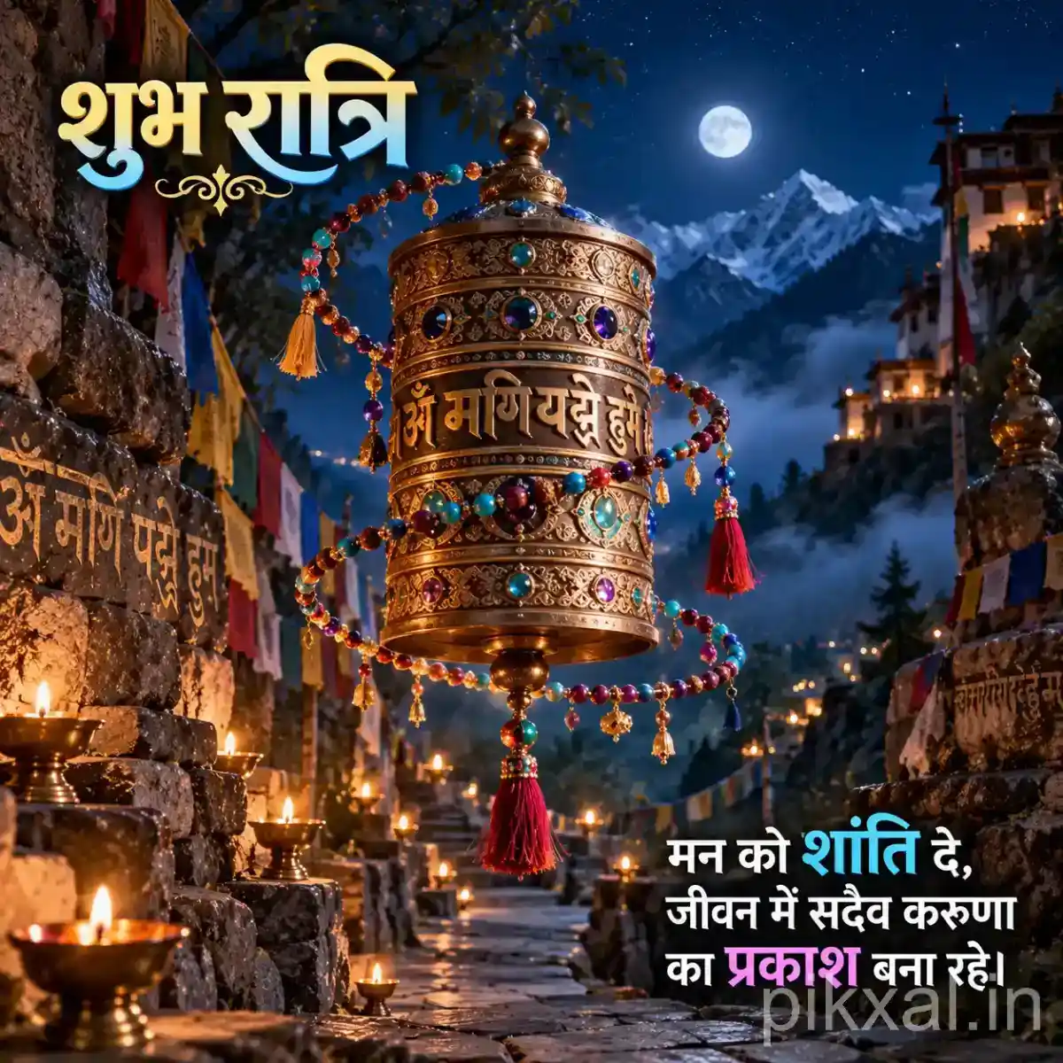 Large ornate hanging temple bell surrounded by colorful prayer beads, glowing diyas, and a moonlit Himalayan temple landscape