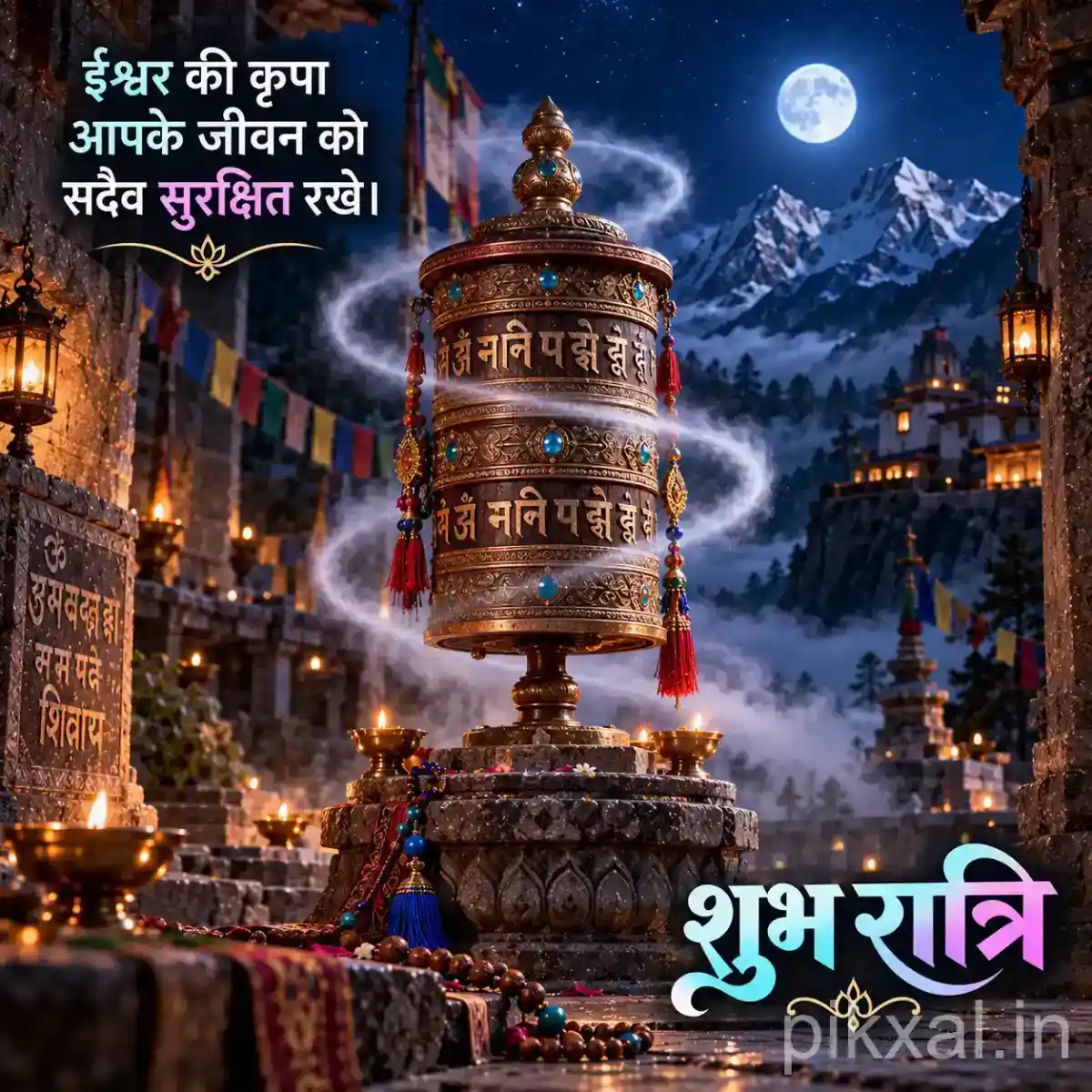 Decorative brass temple bell with curling incense smoke, prayer beads, glowing diyas, and colorful prayer flags against snow-covered mountains