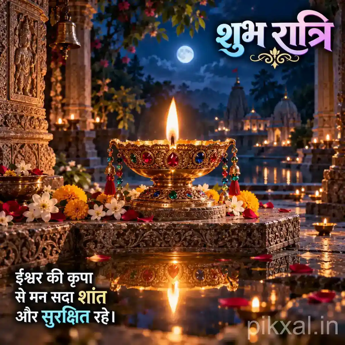 Glowing brass diya surrounded by colorful flowers and devotional offerings beside a large temple bell in a peaceful mountain shrine