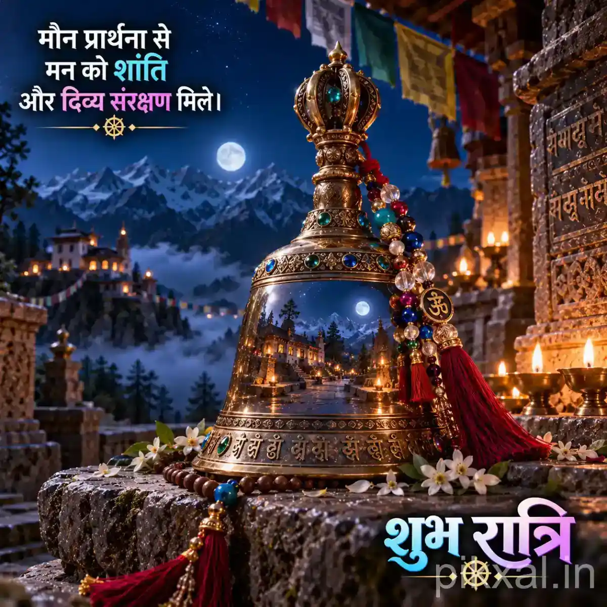 Ornate brass temple bell decorated with colorful prayer beads and red cloth, glowing diyas, and a moonlit Himalayan temple background