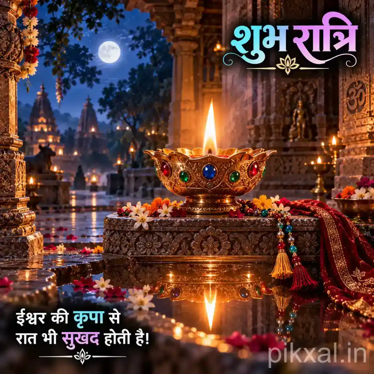 Decorative brass oil lamp surrounded by colorful flowers, glowing diyas, prayer beads, and a beautifully illuminated Himalayan temple setting