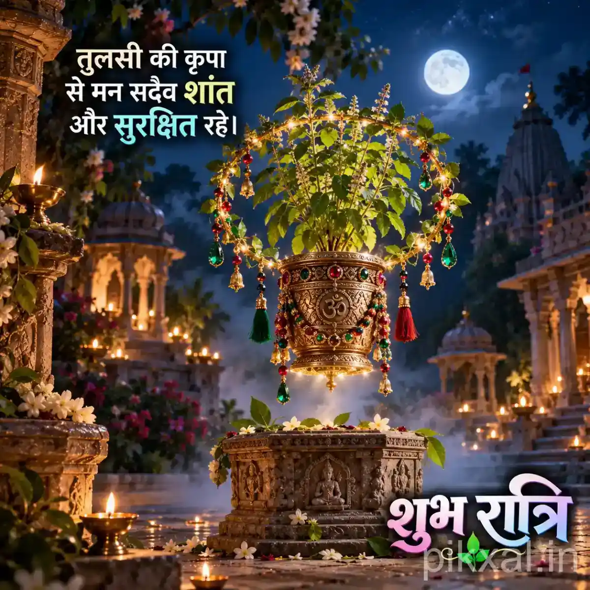Sacred Tulsi plant in a decorated hanging planter surrounded by glowing diyas, flowers, and a peaceful moonlit temple courtyard