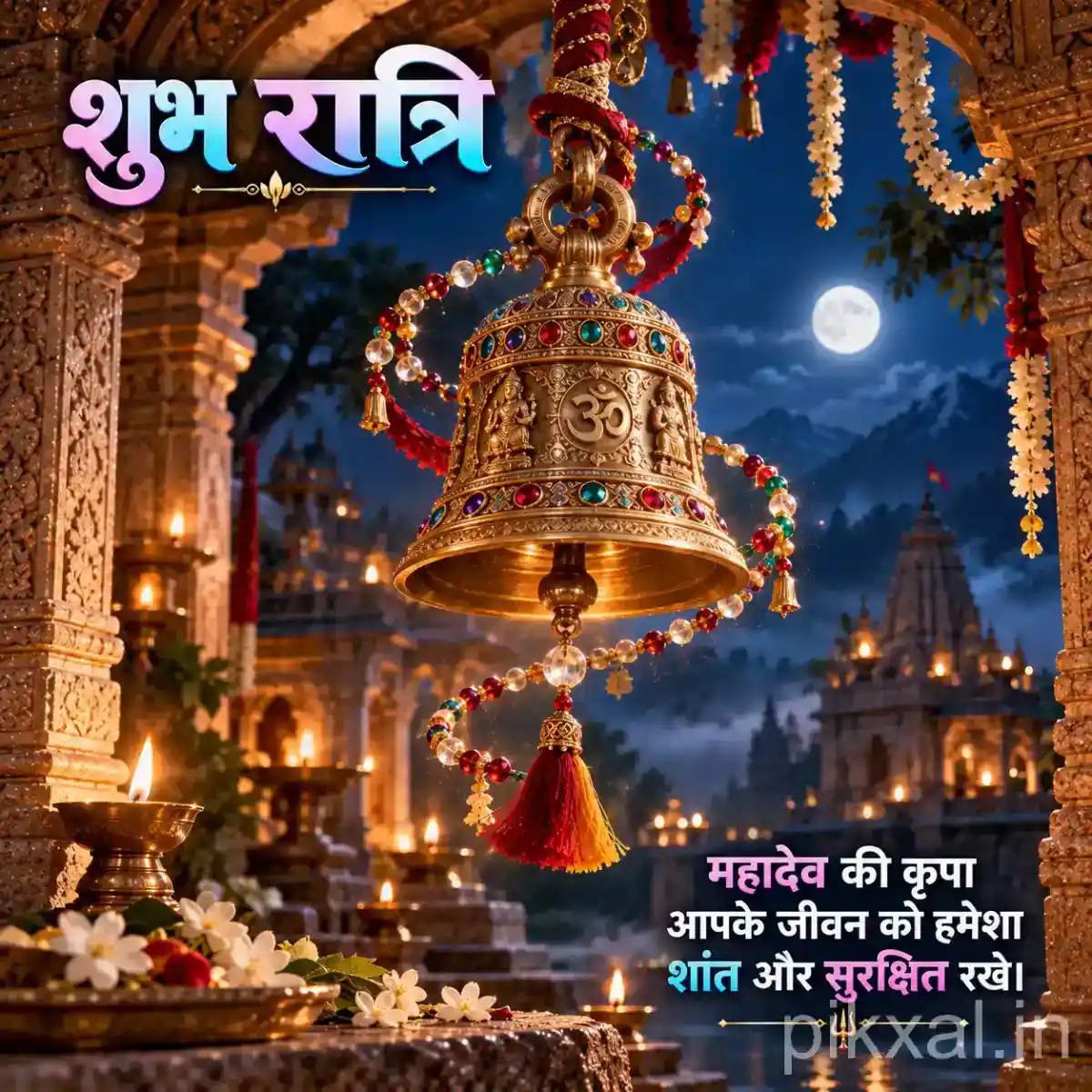 Decorated brass temple bell with colorful ribbons and red tassels, surrounded by glowing lamps and a peaceful moonlit mountain temple
