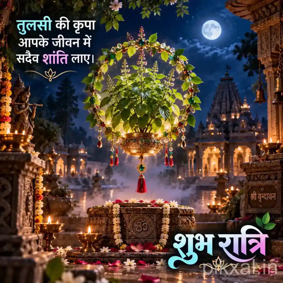 Sacred Tulsi plant in an ornate hanging planter surrounded by flowers and glowing diyas against a moonlit Himalayan temple background