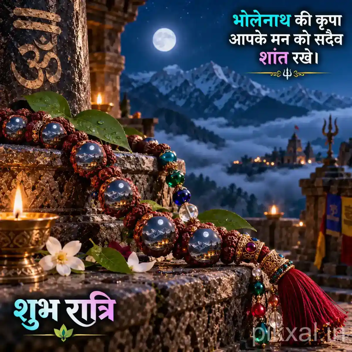 Shiva devotional arrangement with Rudraksha beads, colorful prayer beads, sacred leaves, white flowers, and a glowing diya overlooking the mountains