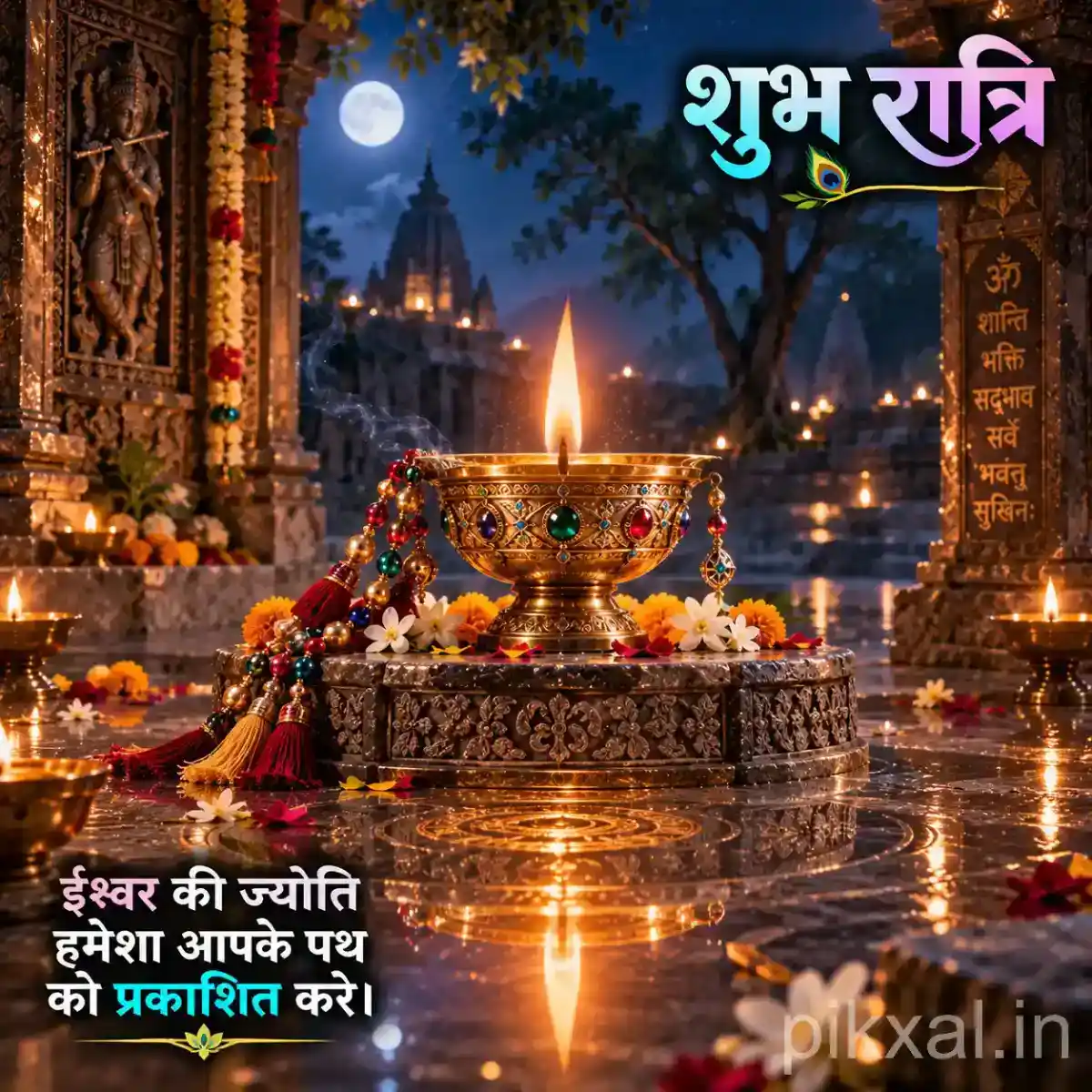Glowing brass diya surrounded by colorful marigold flowers and devotional offerings beside a stone temple shrine at night