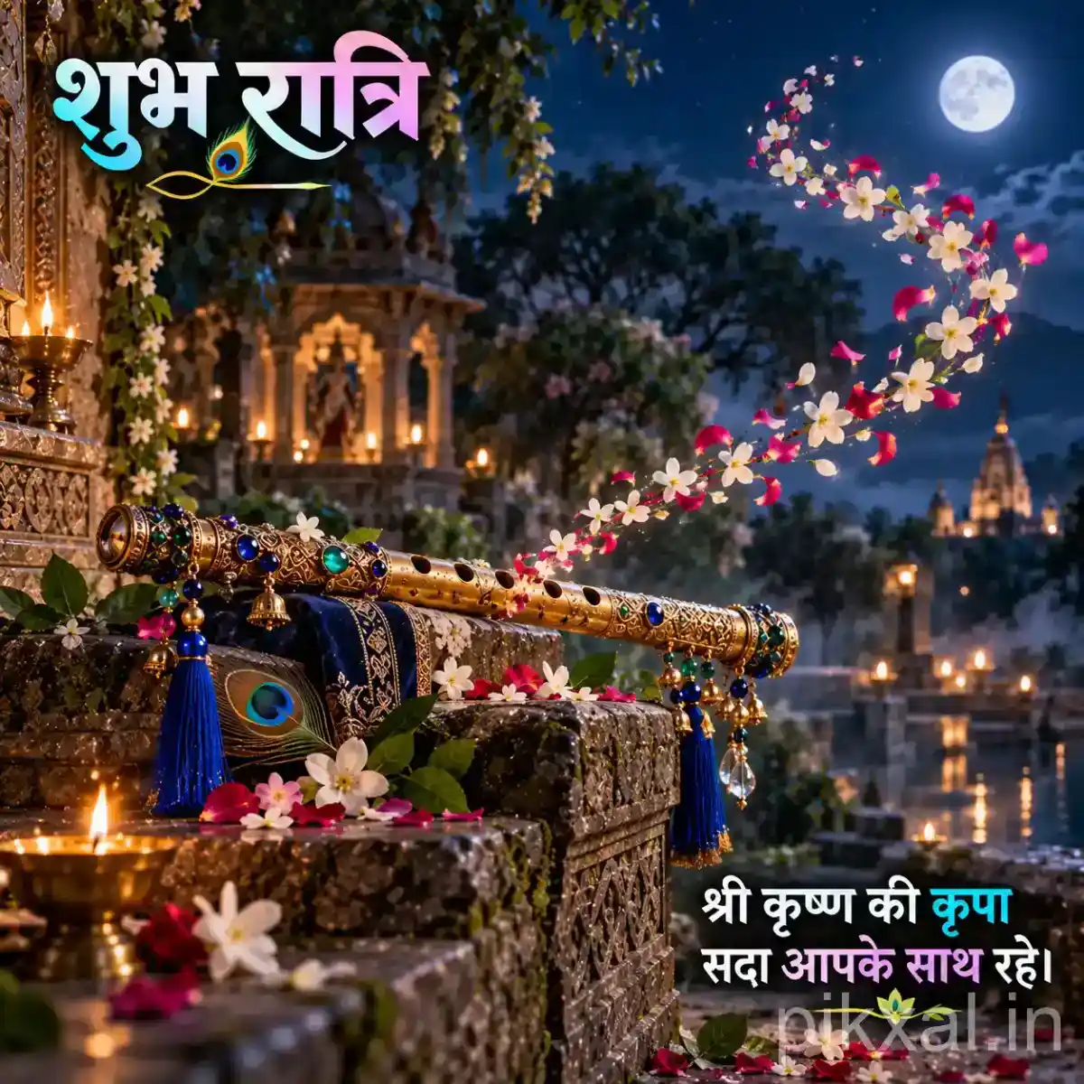 Krishna flute decorated with a peacock feather and colorful flowers, placed beside glowing diyas against a moonlit Himalayan temple setting