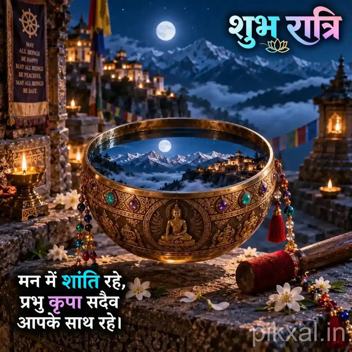 Decorative brass bowl filled with water surrounded by flowers, prayer beads, glowing diyas, and a peaceful mountain temple background