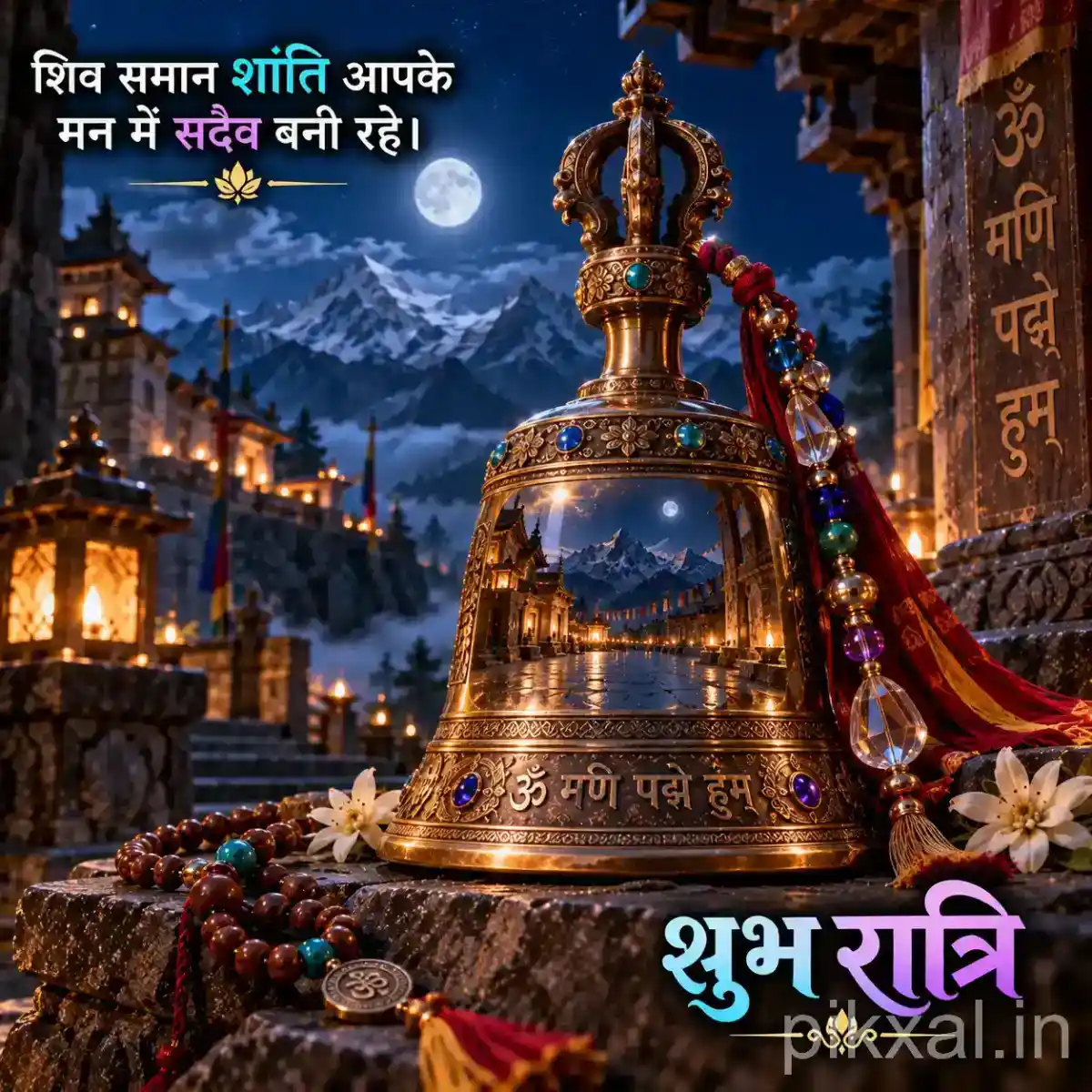 Ornate brass temple bell surrounded by Rudraksha beads, colorful prayer beads, glowing diyas, and a moonlit Himalayan landscape