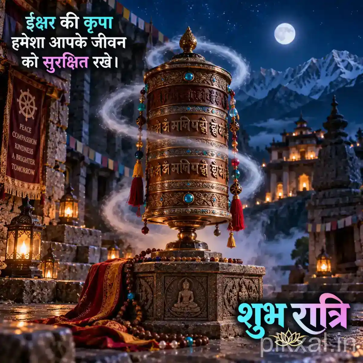 Large decorated brass temple bell with curling incense smoke, Rudraksha beads, glowing lamps, and a peaceful mountain shrine