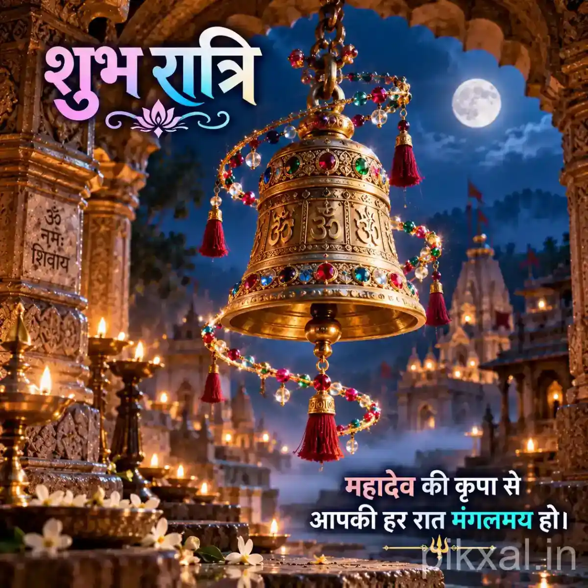 Ornate brass temple bell decorated with colorful ribbons and flowers, surrounded by glowing diyas in an illuminated Himalayan temple courtyard