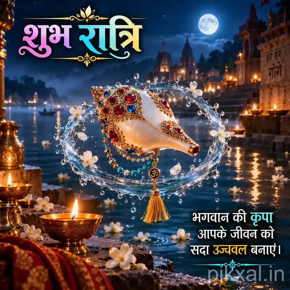 Decorative conch shell surrounded by glowing diyas, colorful flowers, and sparkling water against a moonlit temple landscape