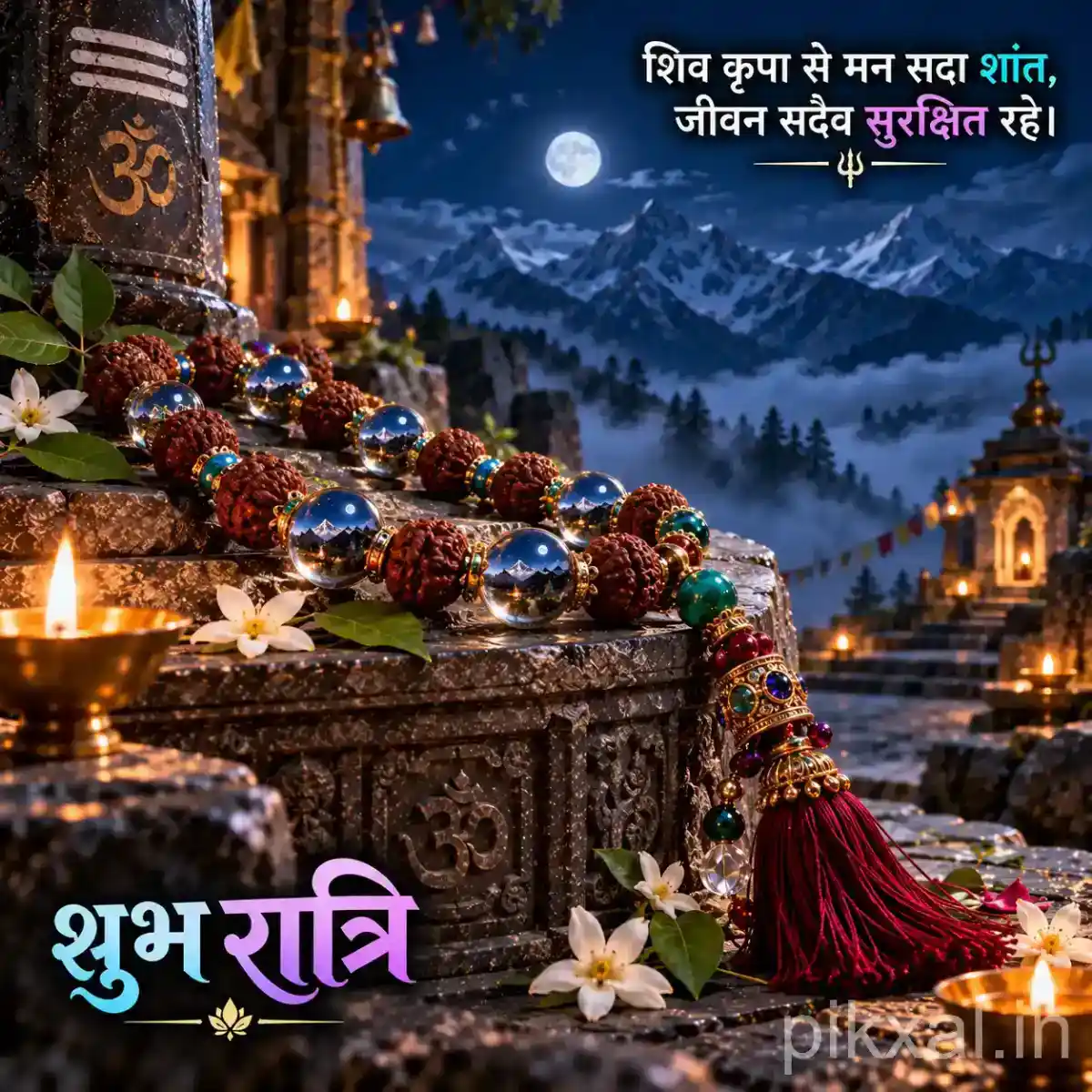 Shiva devotional pillar with Rudraksha beads, colorful prayer beads, sacred leaves, flowers, and glowing diyas overlooking snow-covered mountains