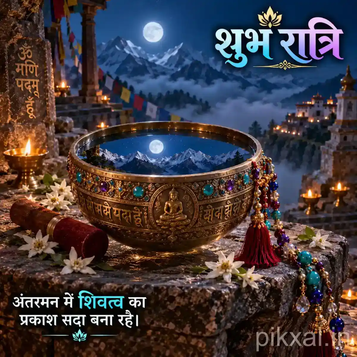 Decorative brass bowl filled with water and flowers, surrounded by prayer beads and glowing diyas in a serene moonlit mountain shrine