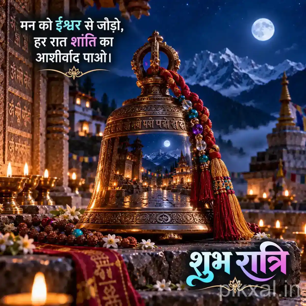Large ornate brass temple bell decorated with colorful prayer ribbons, Rudraksha beads, and glowing diyas against a Himalayan night background