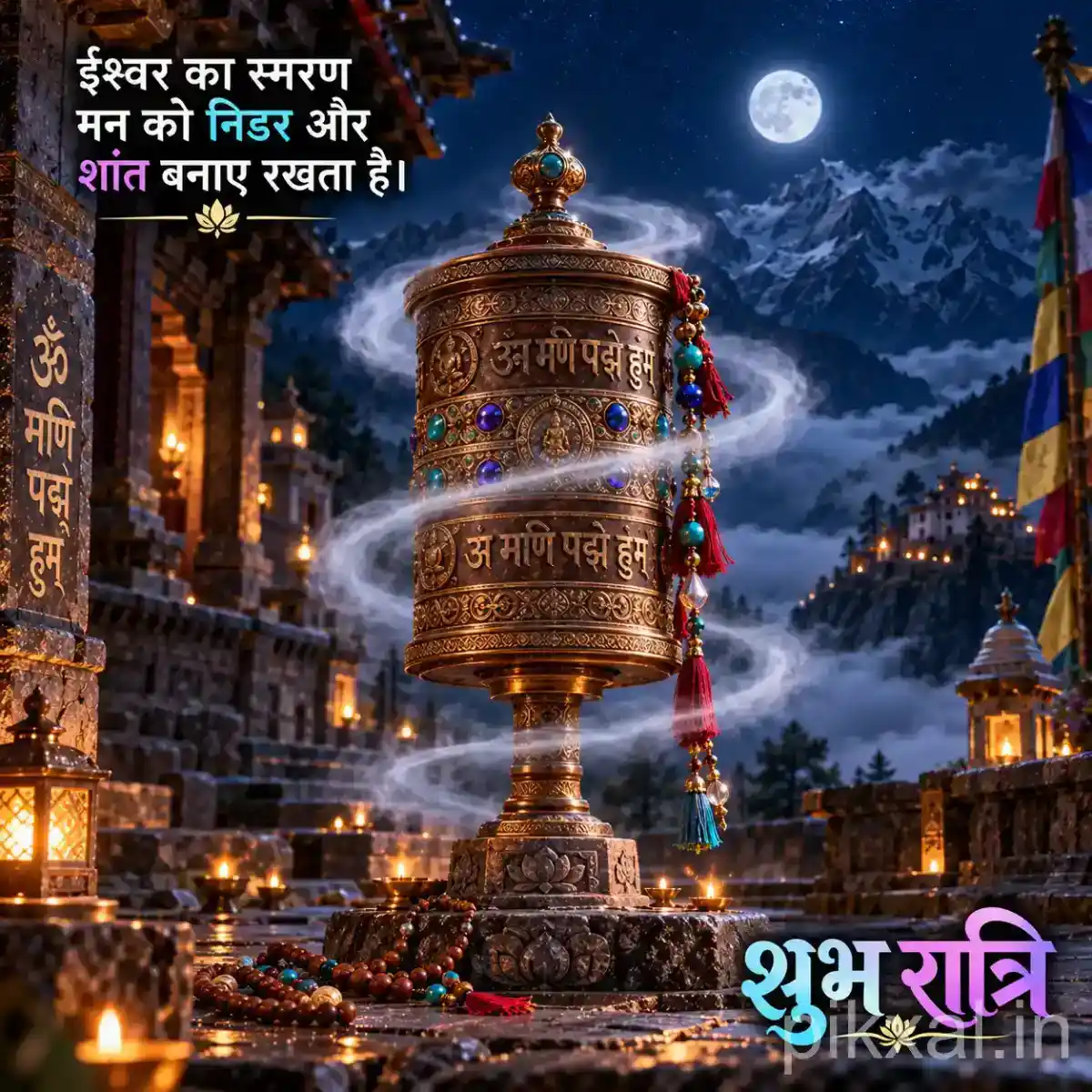 Ornate brass temple bell decorated with colorful ribbons and hanging ornaments, surrounded by glowing diyas and a peaceful moonlit mountain setting