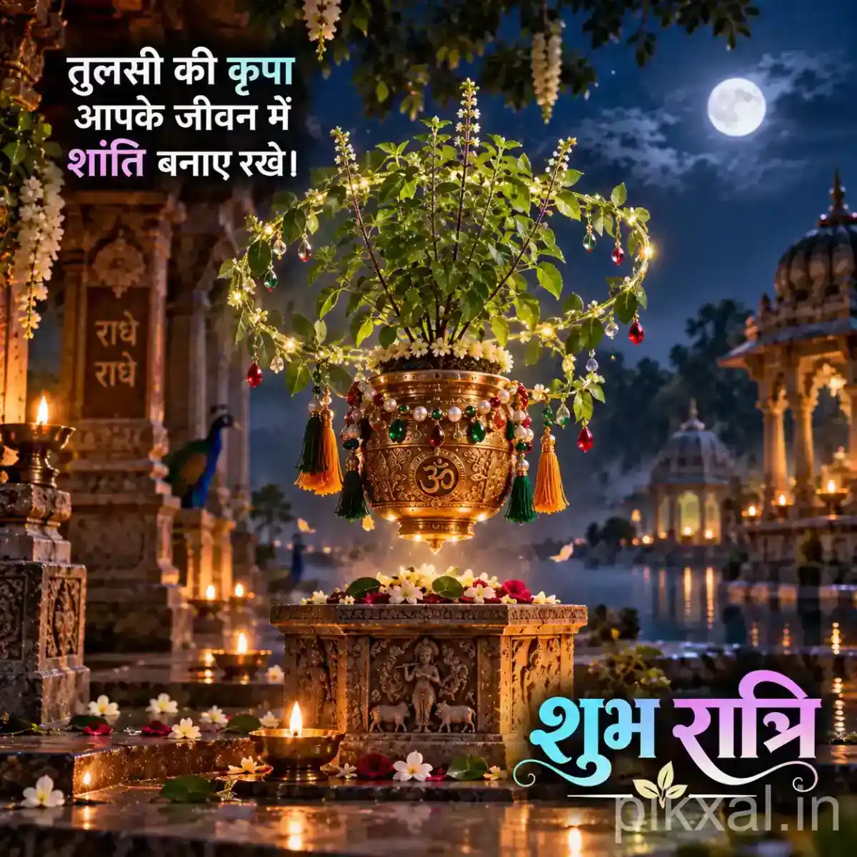 Sacred Tulsi plant in a decorated hanging planter surrounded by flowers, glowing diyas, and illuminated temple architecture beneath a full moon