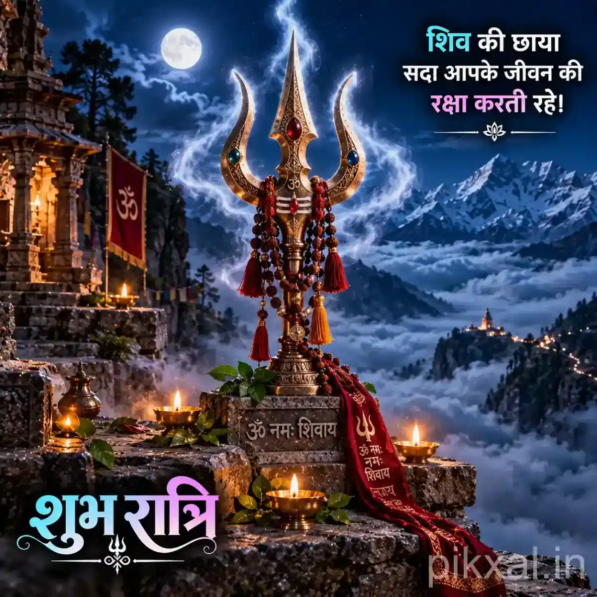 Lord Shiva trident standing against snow-covered Himalayan mountains, decorated with sacred cloth and surrounded by glowing temple lamps
