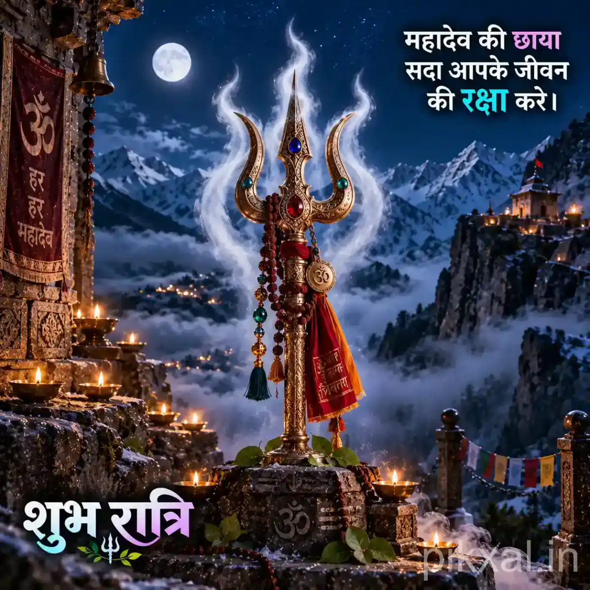 Lord Shiva trident with sacred decorations standing against a moonlit Himalayan mountain landscape with temple lights and prayer flags