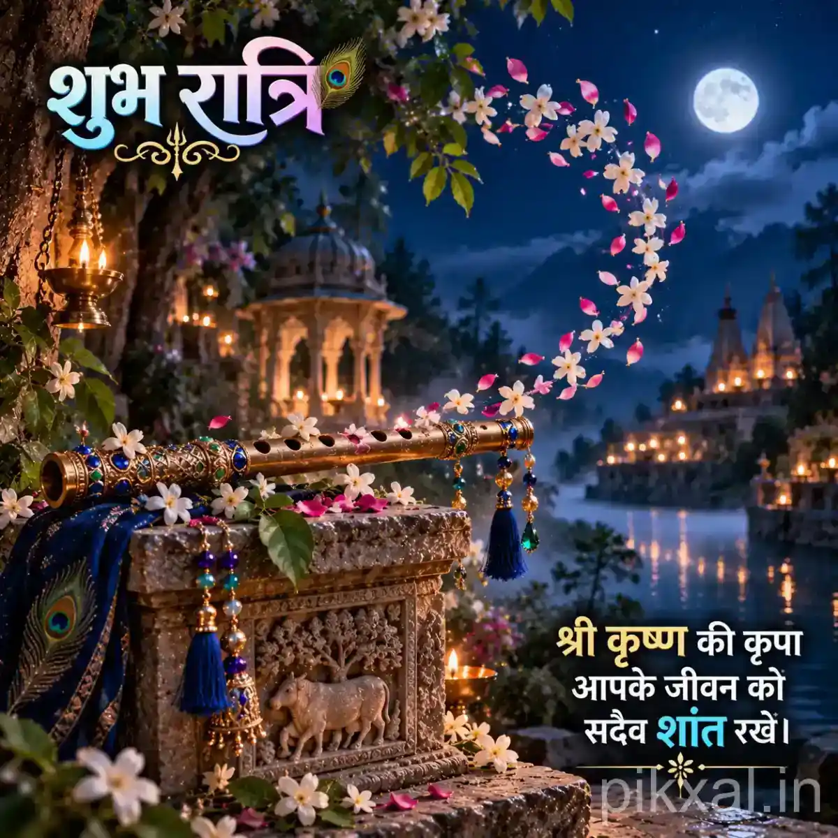 Krishna flute decorated with a peacock feather and colorful flowers, surrounded by glowing diyas and floating flower petals in a moonlit temple setting